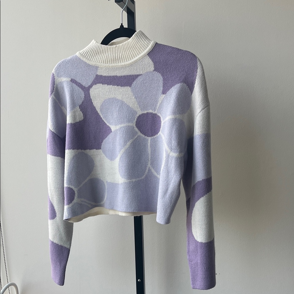 Divided Purple and White Floral Turtleneck Sweater